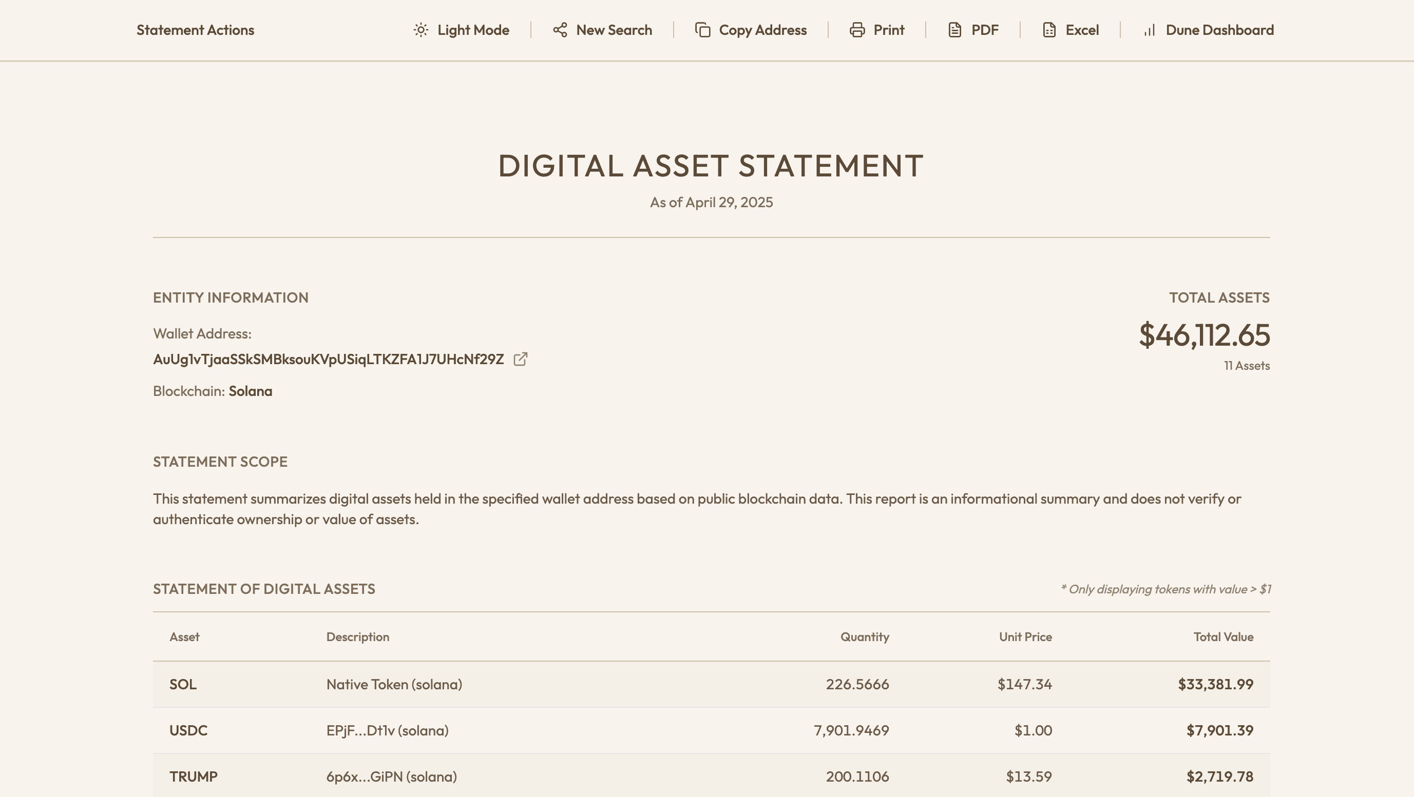Digital Asset Statement